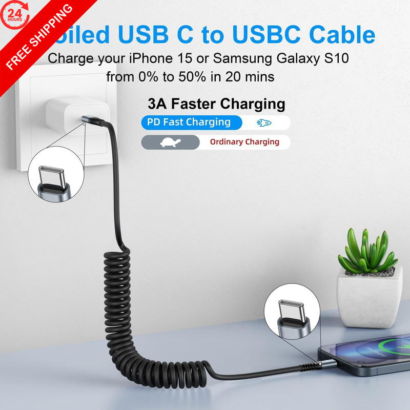 USB C Cable 3ft 2Pack C to C Charger for Car, Coiled 3FT, Black gallery