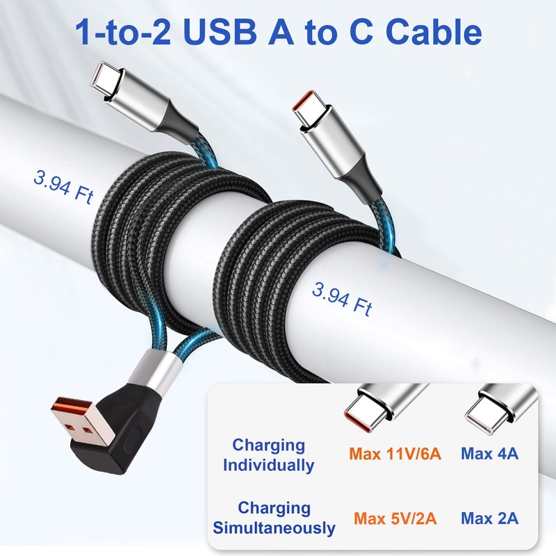 USB A To C Splitter Cable 6A Super Fast Charging Dual Type C Cord 1.2m 3.9Ft gallery