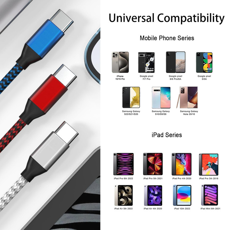 USB C to USB C Cable Nylon Braided 60W 3/3/6/6/10 FT USB Type C Fast Charging Ca gallery