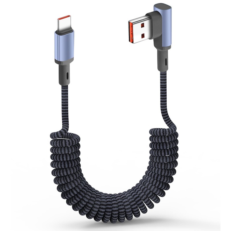 Braided Coiled USB-C Cable Right Angle USB A to USB C Spring Cord,PD 66W Fast…