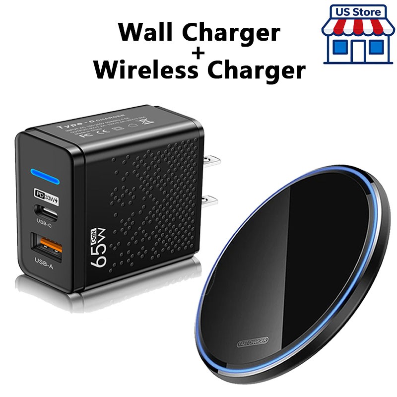 65W Wall Fast Charger Wireless Charging Pad For Samsung iPhone Android Phone US