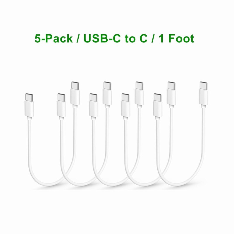 Performance Pack: 5 USB-C to Type-C Fast Charge Cables - 1ft White TPE Wires gallery