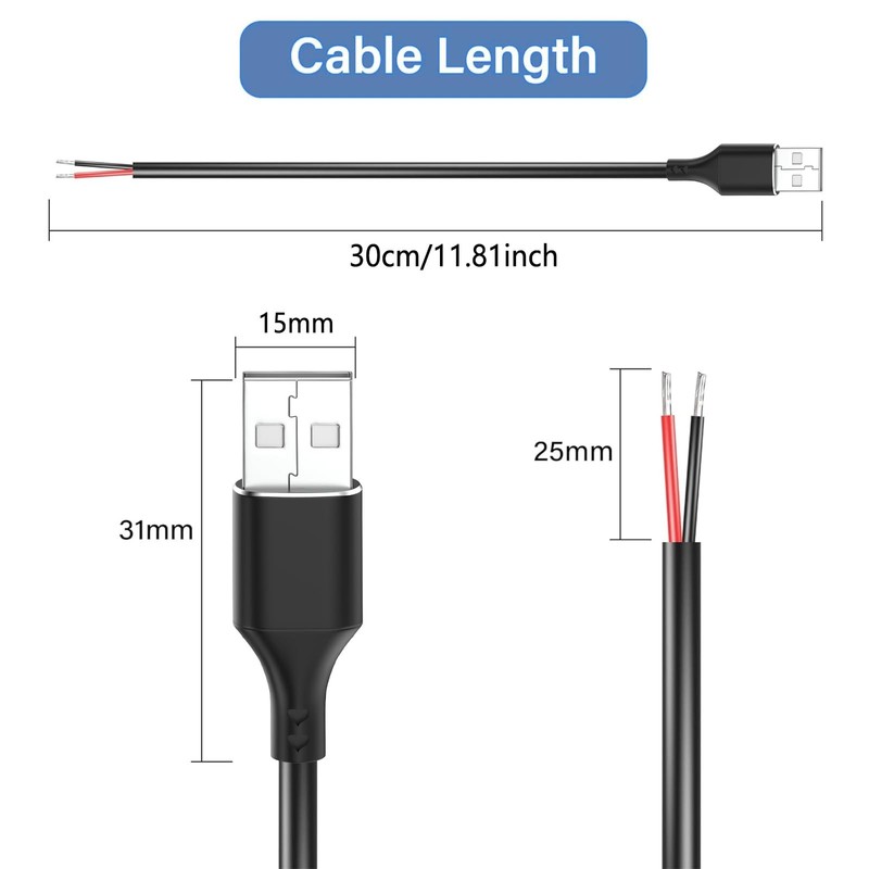 Vovucai 5 Pcs USB A Male to Bare Wire Cable - 12V/3A 30cm Open End Pigtail Po... gallery