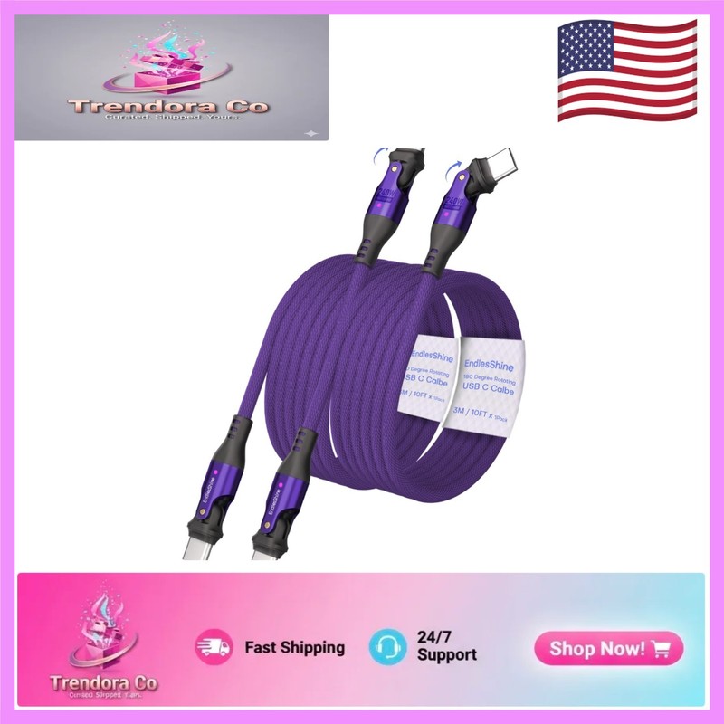 Purple USB Type C 180° Rotation Cable – 240W Fast Charge with 480MBPS Transfer