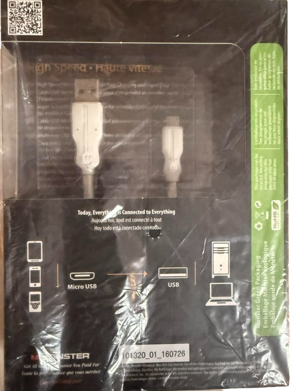 Monster Cable High Performance Micro USB – High Speed, 1.5ft, White Connect New