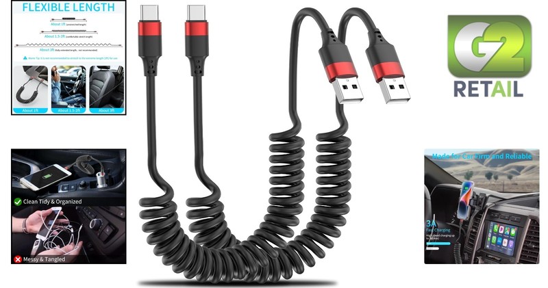 Coiled USB C Cable for Car, 2 Pack Type C Charger Cord Fast Charging for iPhone gallery