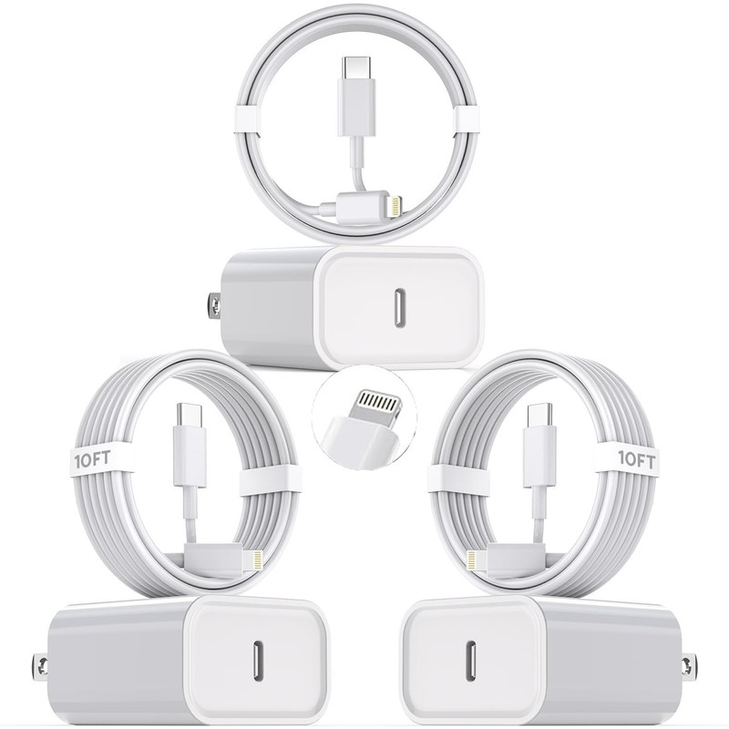 3pc 10ft for iPhone Fast Charging Cable, USB C Charging Block Wall Charger Cord