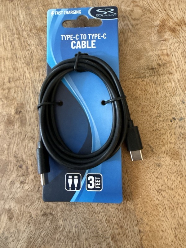 Solaray Fast Charging Type C to C Cable~New~ 3’ Black Cord