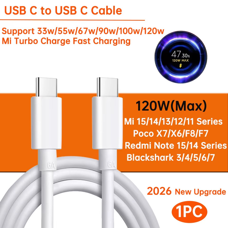 Original Usb Type C Cable 120W 100W 90W 67W 45W Turbo Fast Charger Mi 17 15 14 1