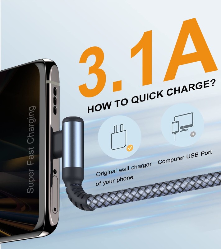 2 Pack Right Angle USB Type C Fast Charging Cable 6.6ft Braided Cord Grey gallery