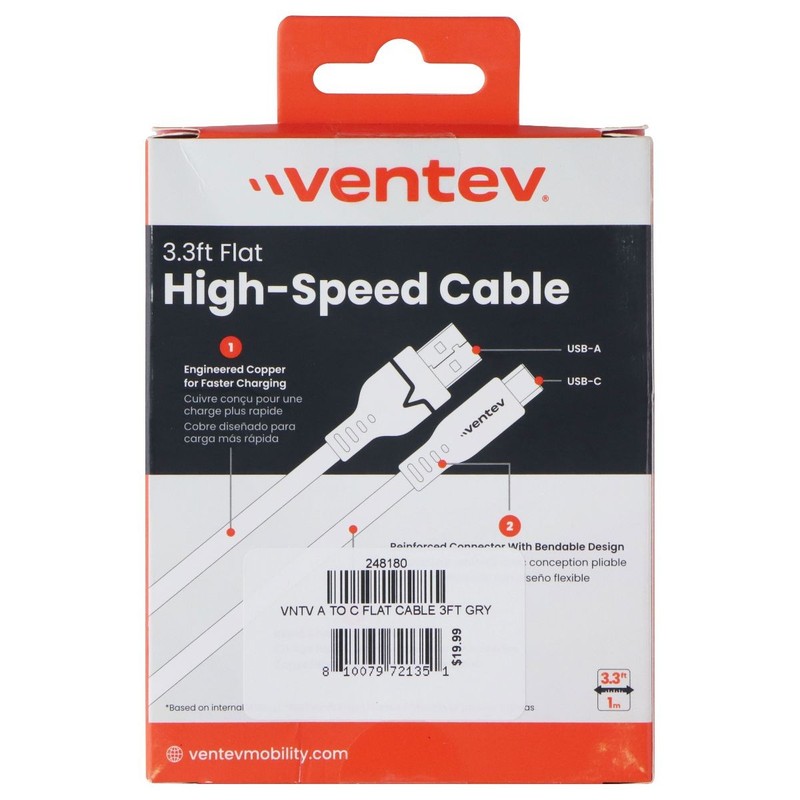 Ventev 3.3 Foot USB-A to USB-C High Speed Flat Cable - Gray gallery