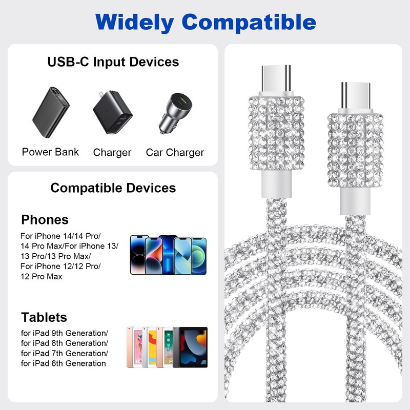 USB Cable for iPhone 17 Charging Cord, Fast Charging Cable Bling Sparkling Di... gallery