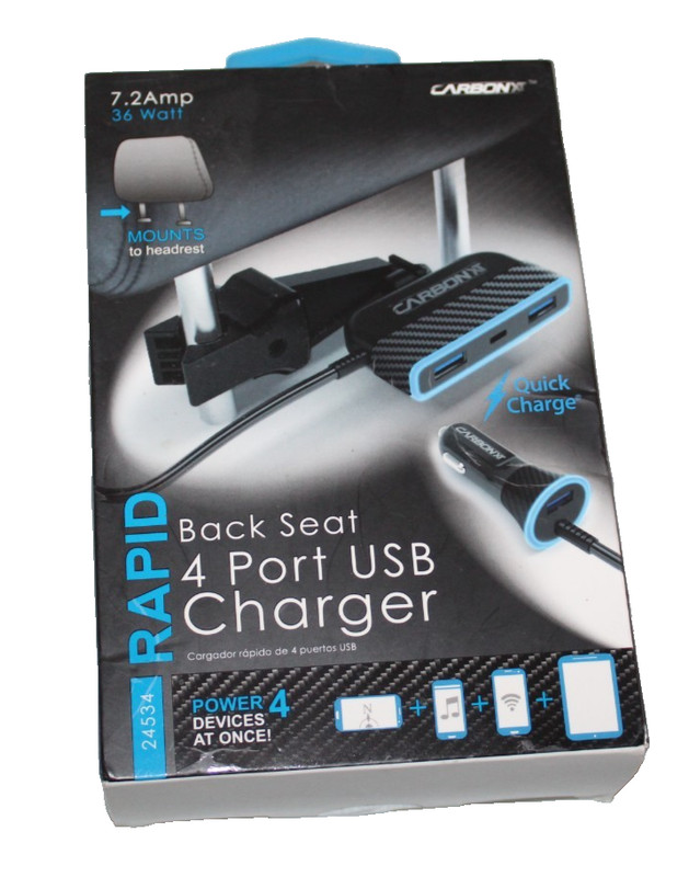 Carbon XT Rapid Car Charger 4 Port Backseat Extender 6ft Cable