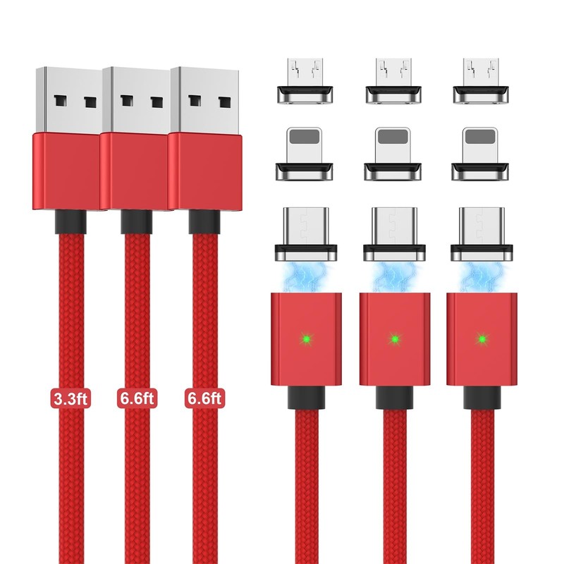 CNakdDG Magnetic Charging Cable 3A Fast Charging(3 3.3/6.6/6.6ft, Red
