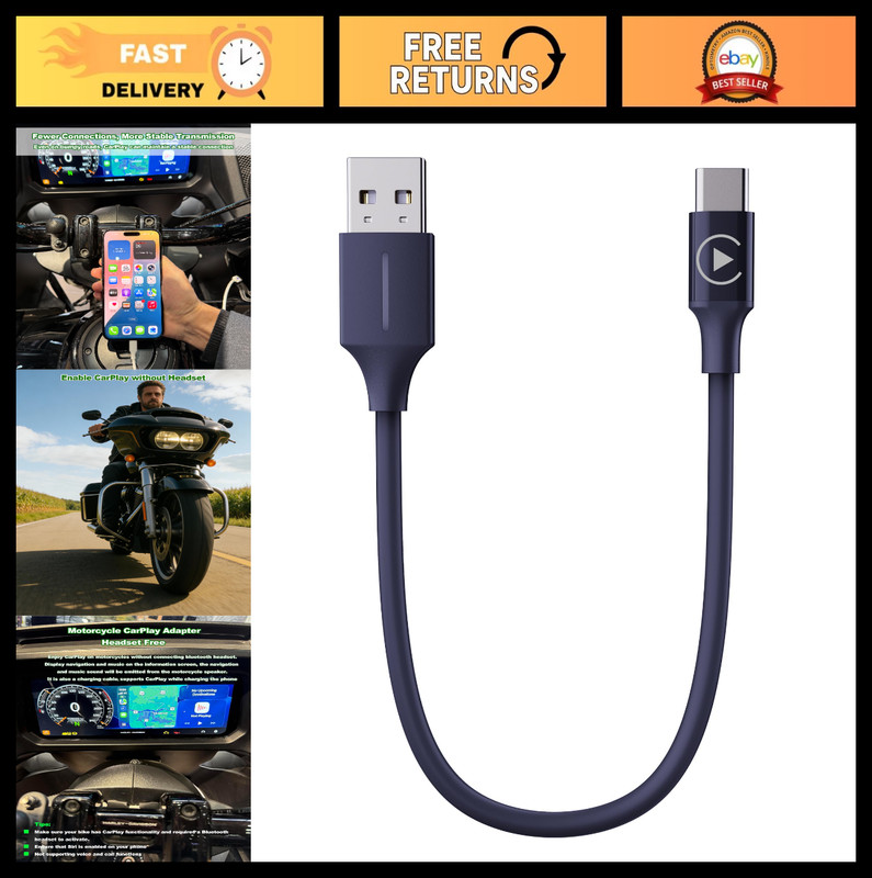USB-A to C CarPlay Cable for Motorcycle | 1.64Ft, Bypass Bluetooth, 2-in-1 Charg
