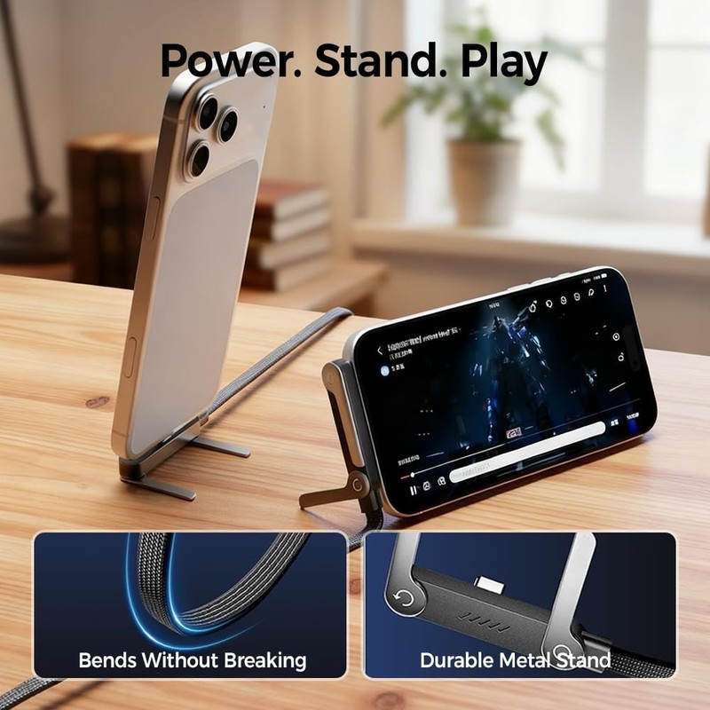240W Braided Fast Charge Cable with Built-in Phone Stand Foldable USB-C Cord gallery