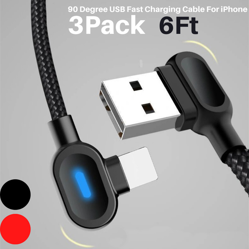 3X 6FT 90 Degree USB Cable Fast Charger Cord for iPhone XR 11 12 13 Pro 8 7 6s