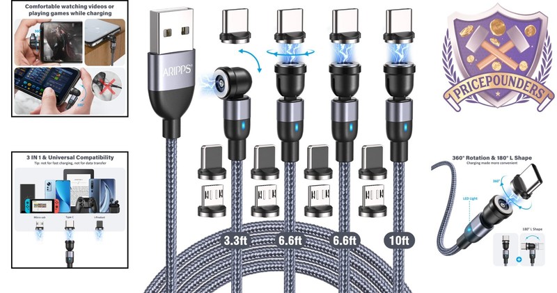 Magnetic Charging Cable Set Nylon 3.3ft-10ft 540° Rotation 3-in-1 Phone Charger gallery