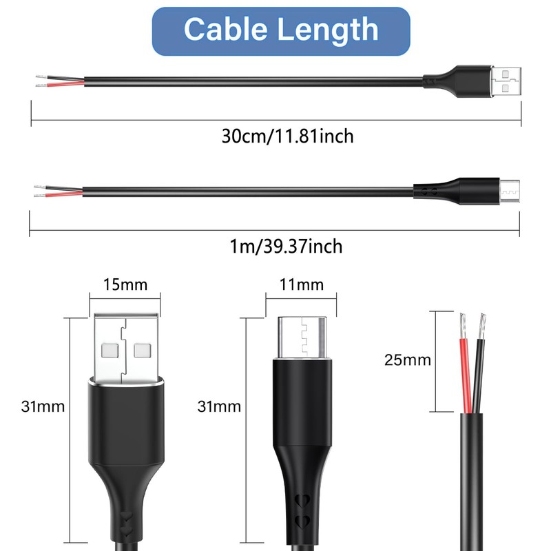 10 PCS USB A, USB C to 2-Pin Bare Wire Pigtail Cable Kit, 12V 3A, 5V 3A, DIY gallery