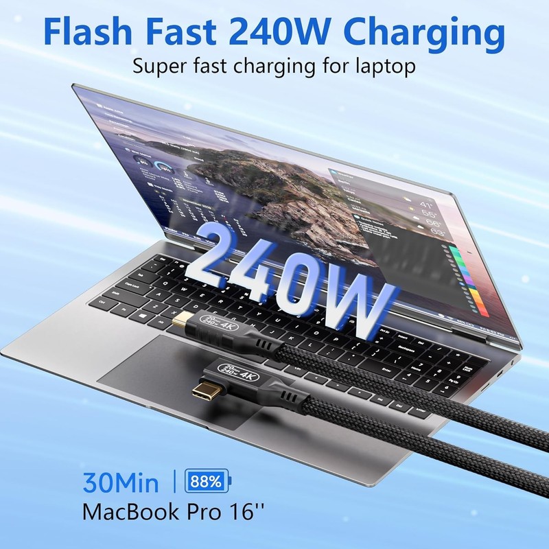 240W USB C to USB C Cable, 10ft Long - Right Angle Design for Gaming & Media gallery