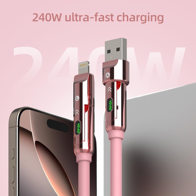 MFish 4 in 1 Charging Cable, 240W Max Fast 6.6FT, Armor Dragon-Pink(4-in-1) gallery