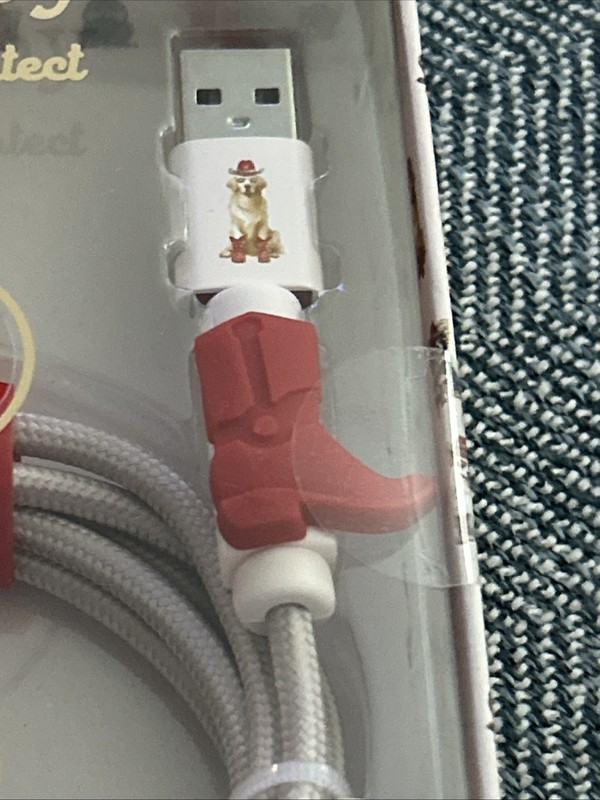 XO Poppy Phone Charger USB-A Cable 4 ft NIB- Red Boots W/ Dog- Quick Charge gallery