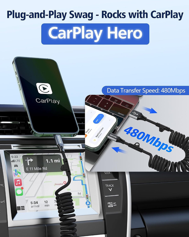 3Ft Carplay Cable for Iphone 17 16 15, [USB-IF Certified] Coiled USB-A to USB-C gallery