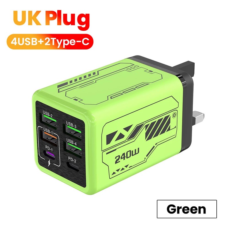 240W 6-Port USB Charger 4USB 2Type C PD3.0 Fast Charging EU UK US iPhone Samsung
