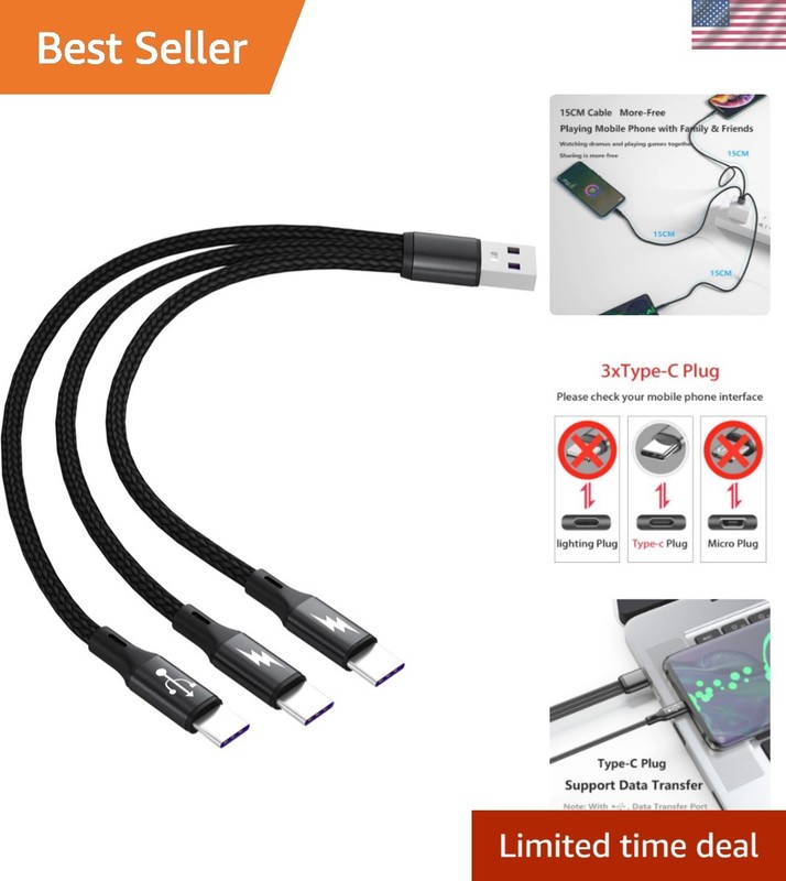 0.2m USB C Splitter Cable: 3 Ports for Fast Charging, Durable Nylon Design