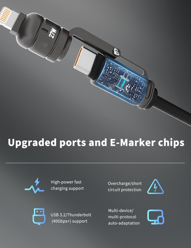 240W 4-in-1 Retractable Coiled Charging Cable[MFi Certified], Zinc Alloy Fast... gallery