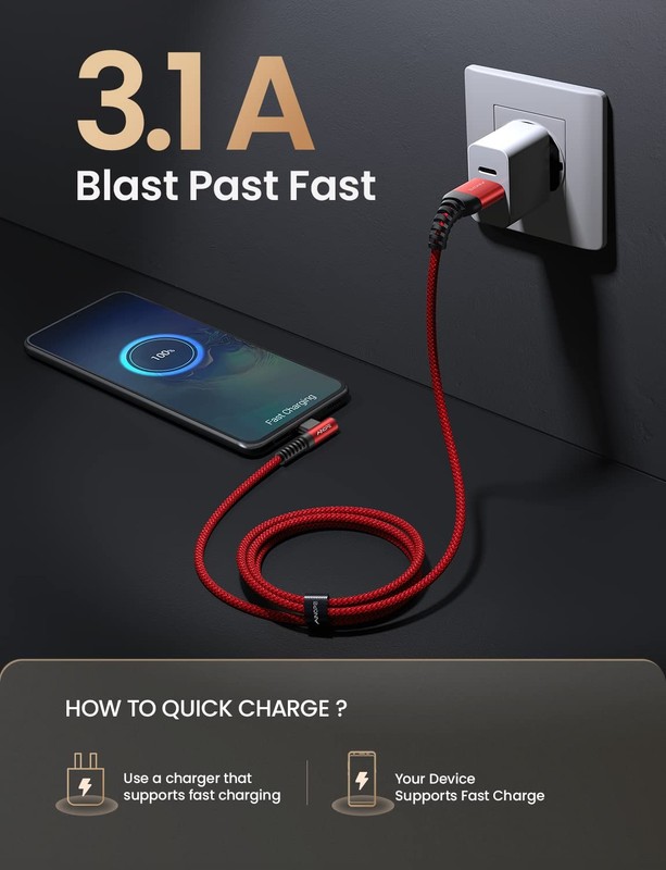 AINOPE USB C Cord 3.1A Fast Charge, [2-Pack, 6.6ft] 6.6FT+6.6FT, Black+Red gallery