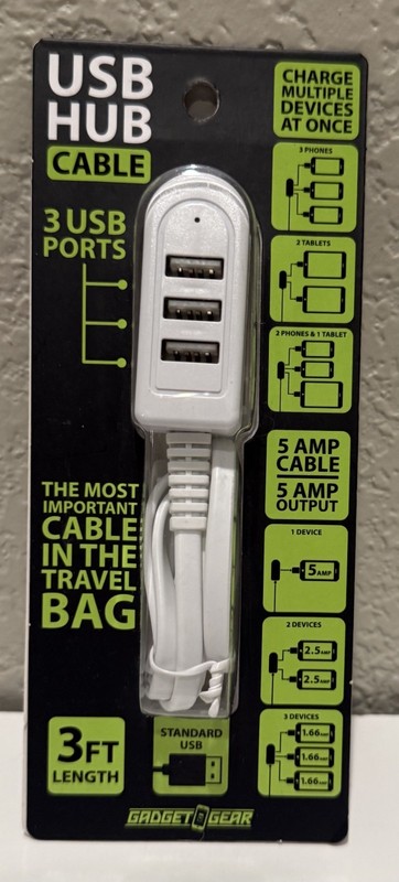NIB GADGET GEAR 3 FT Standard USB Charger Cable 3 USB Ports 5 AMP Output NEW