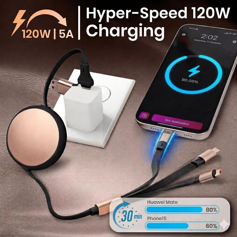 120W Fast Multi Charging Cable, 6 in 1 Retractable Charger Cable – USB C, Micro gallery