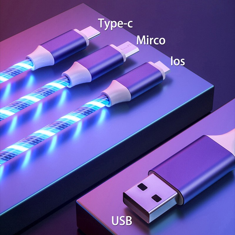 3PCS Blue 3 in 1 LED Light Up Charging Charger Cable For iPhone Micro USB Type C gallery