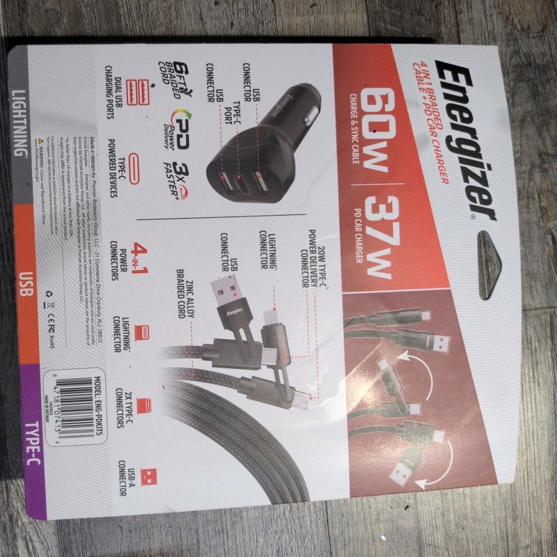 New Energizer Universal Braided Cable 4-in-1 Braided Cable+ Pd Car Charger gallery