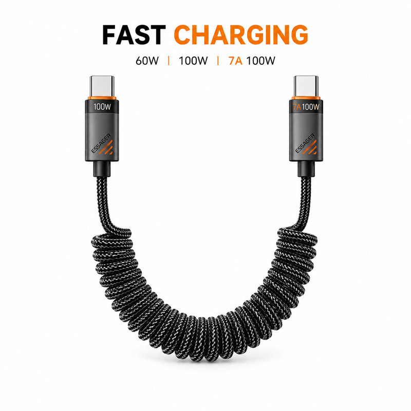 100W USB C Fast Charging Coiled Cable Braided Cord PD Type C 3ft 5ft