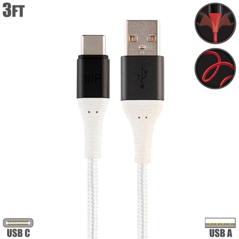 3FT USB-C 3.1 Type C to Type A Sync Data Charge Cable Reinforced Braided White