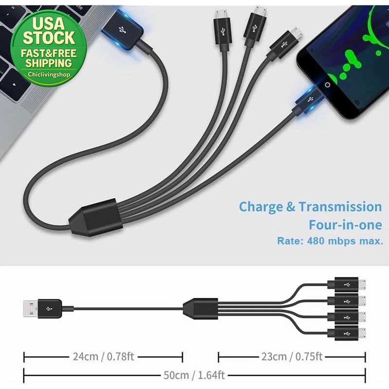 4-In-1 Micro USB Charging Splitter Cable USB 2.0 Male to 3 Micro USB gallery