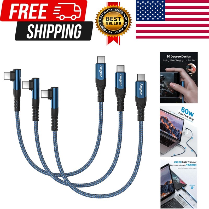Short USB C to USB C Cable, 3 Pack, 1ft, Blue