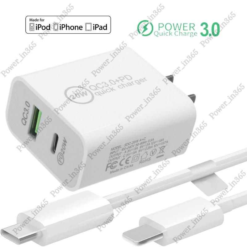 USB-C Fast Charger 20W Adapter Block For iPhone 14 13 12 11 XR 8 Type C PD Cable