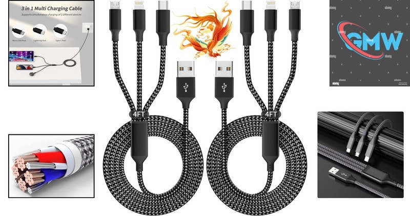2 Pack 4FT Braided 3 in 1 USB Charging Cable for iPhone 17 & Android Devices gallery