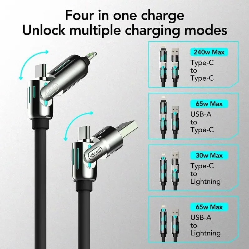 4 in 1 Multi-USB Charging Cable - MAX 240W Fast Charging/With USB A+ Type-C 5ft gallery