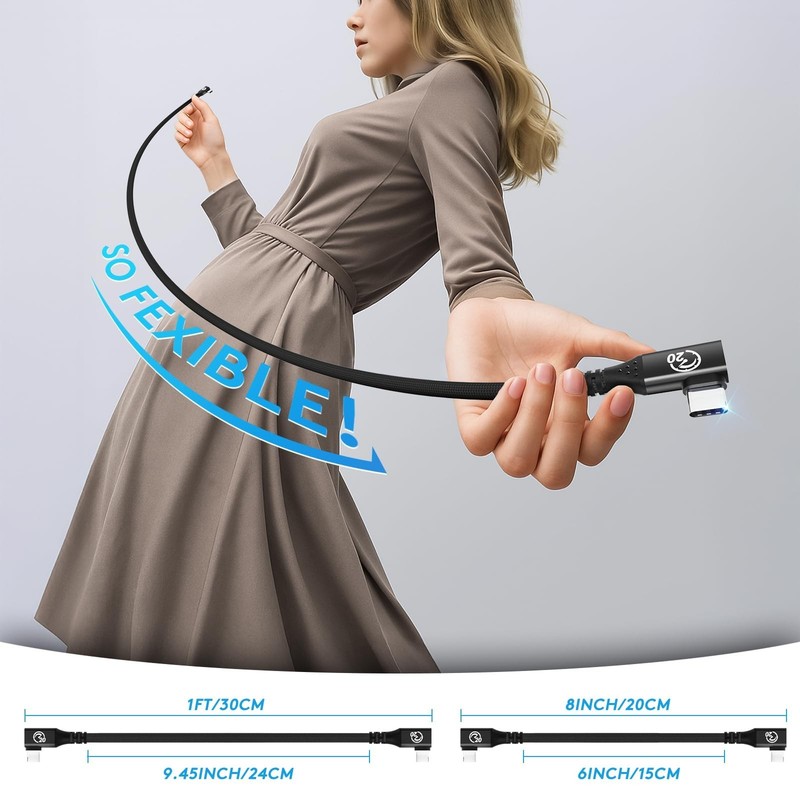 Flexible 90° USB C 3.2 Gen 2x2 Cable 1FT 2-Pack, 20Gbps Data & 240W PD, 5K/4K Vi gallery