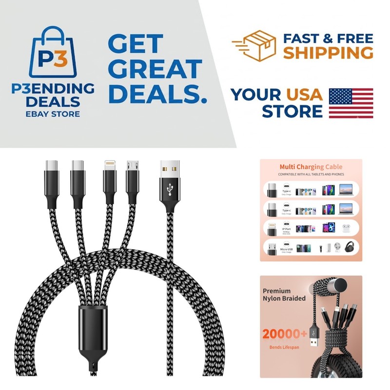 Durable 5FT Nylon Braided Multi Charging Cable - 4 Ports for All Smartphones