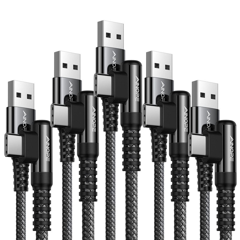 USB Cable 5-Pack [10/6.6/6.6/3.3/1.6ft] 3.1A Charging Cable Right Angle, Nylo...