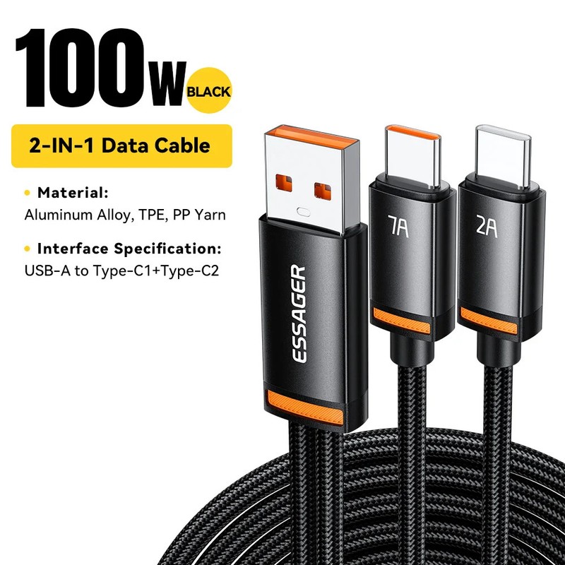 Essager 2 in 1 USB to Type C Cable 100W PD Fast Charging Wire For iPhone Samsung