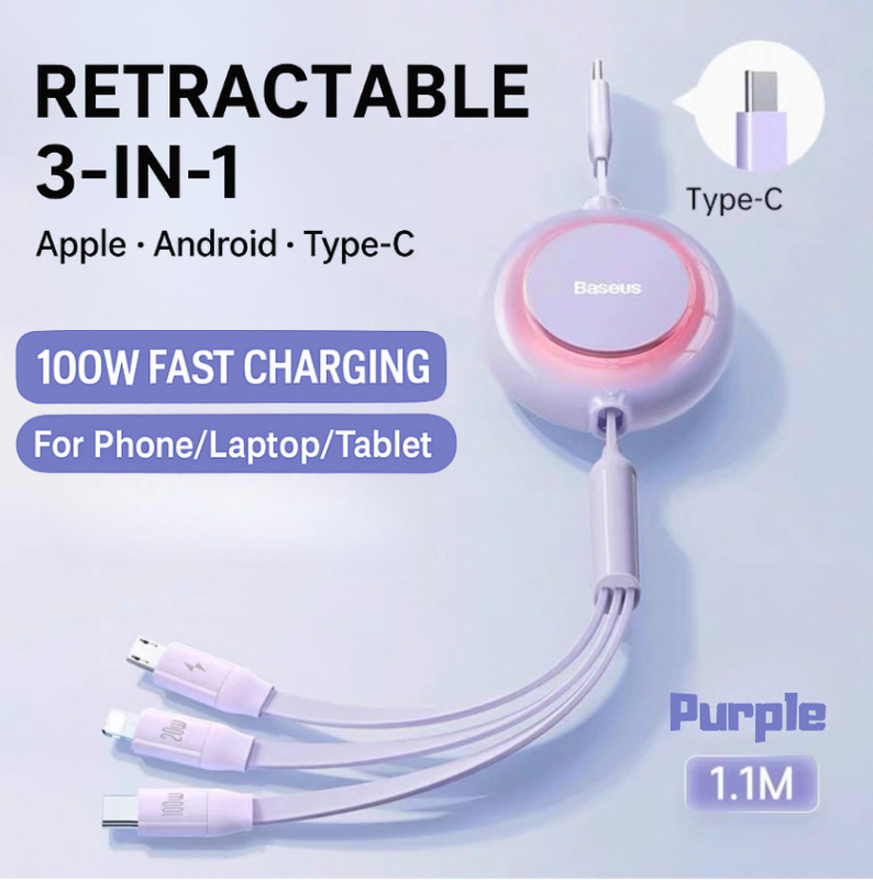 3 in 1 retractable Type-C cable 100W Super Charging | iPhone Macbook Samsung