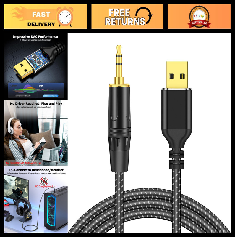 10FT USB to 3.5mm TRS Stereo Audio Cable – Male Adapter for Laptop, PC, Speaker