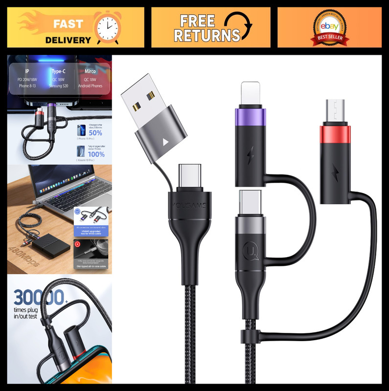 60W USB C Multi Fast Charging Cable, 5-in-1 Nylon Braided, 3A Fast Sync Adapter