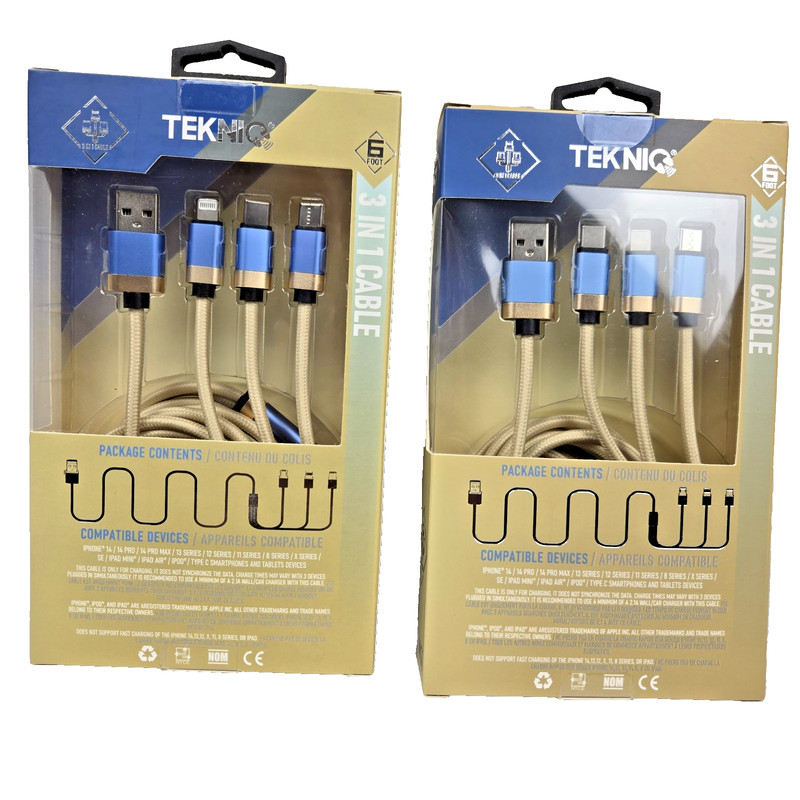 Tekniq 6 Foot 3 in 1 Cable -NEW- TQ1033 Lot of 2 gallery
